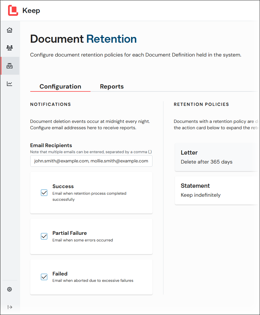 The email notification configuration options.